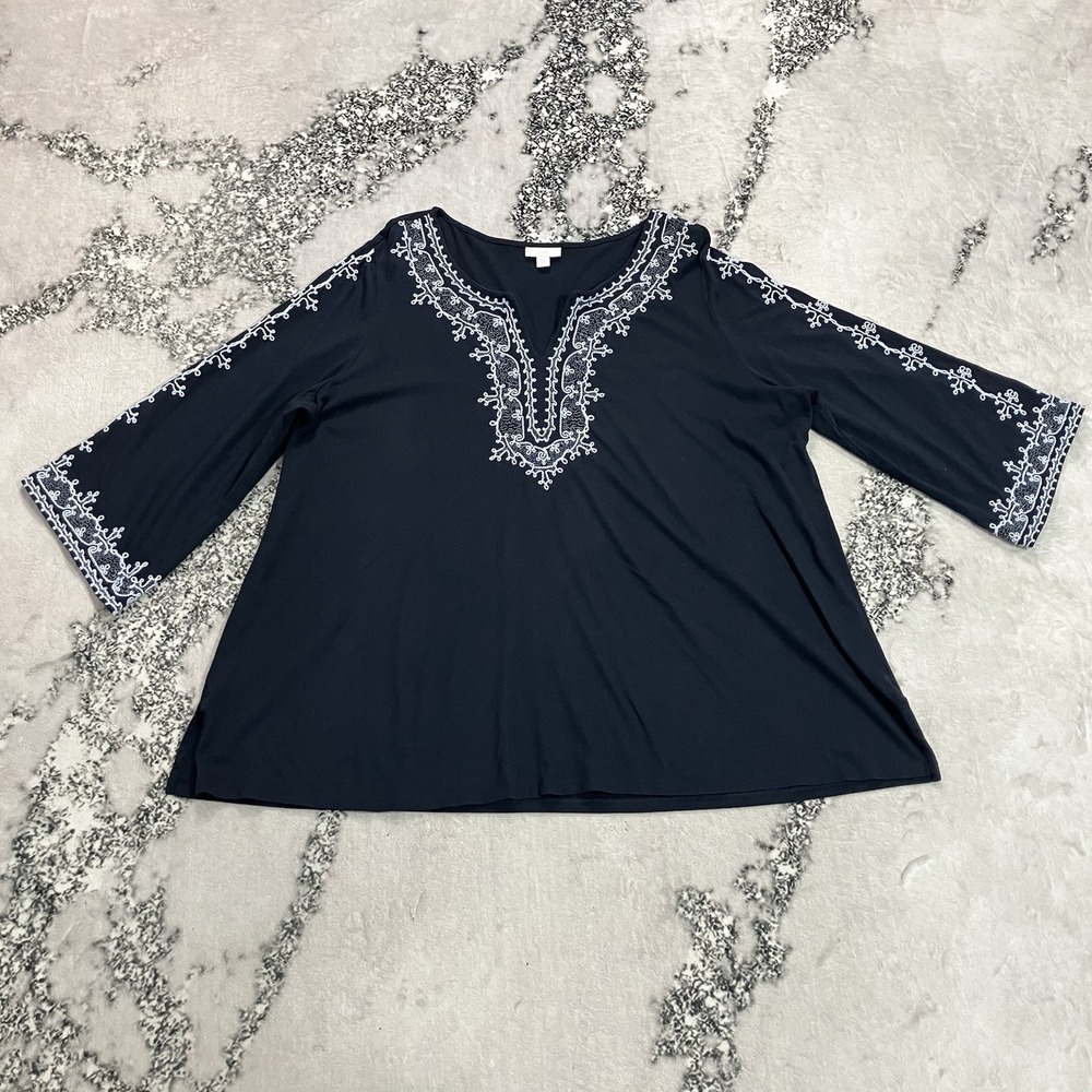 J.Jill Women's Size 3X Black White Embroidered Tunic Top 3/4 Sleeve Boho